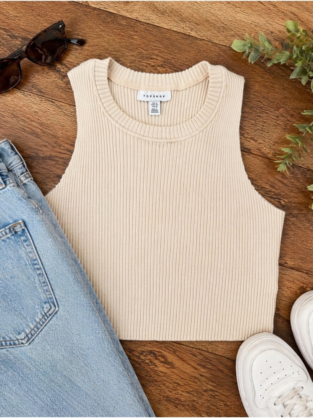 Topshop Ribbed Crop Tank Top Cream Sleeveless Fitted Size 10 raw hem